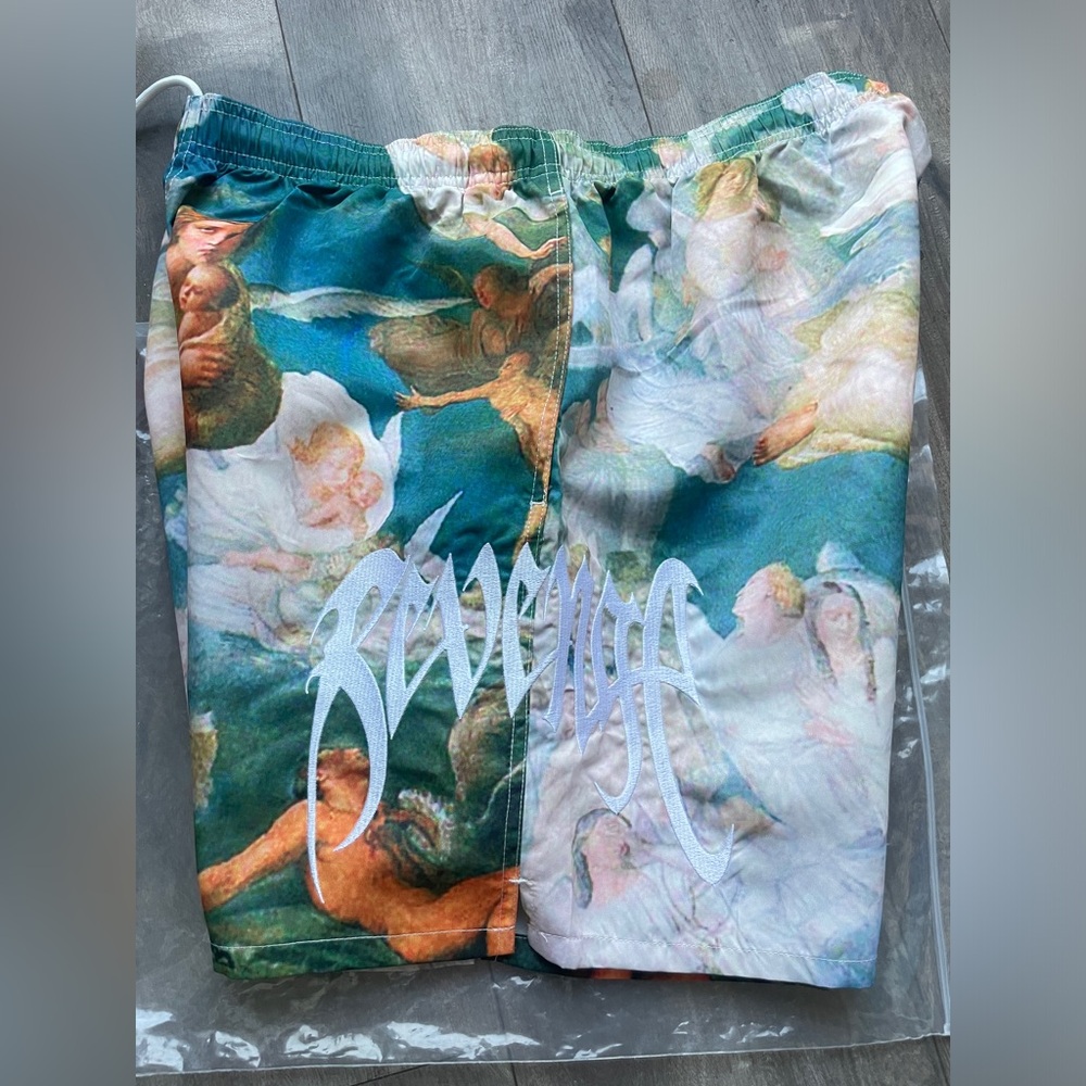New LARGE 32W-34W REVENGE ANGEL Art Graphic embroidered swim Utility shorts